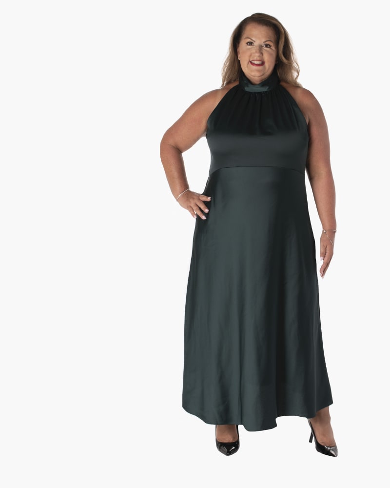 Plus size model wearing Christine Satin Maxi Dress by Taylor | Dia&Co | dia_product_style_image_id:175126